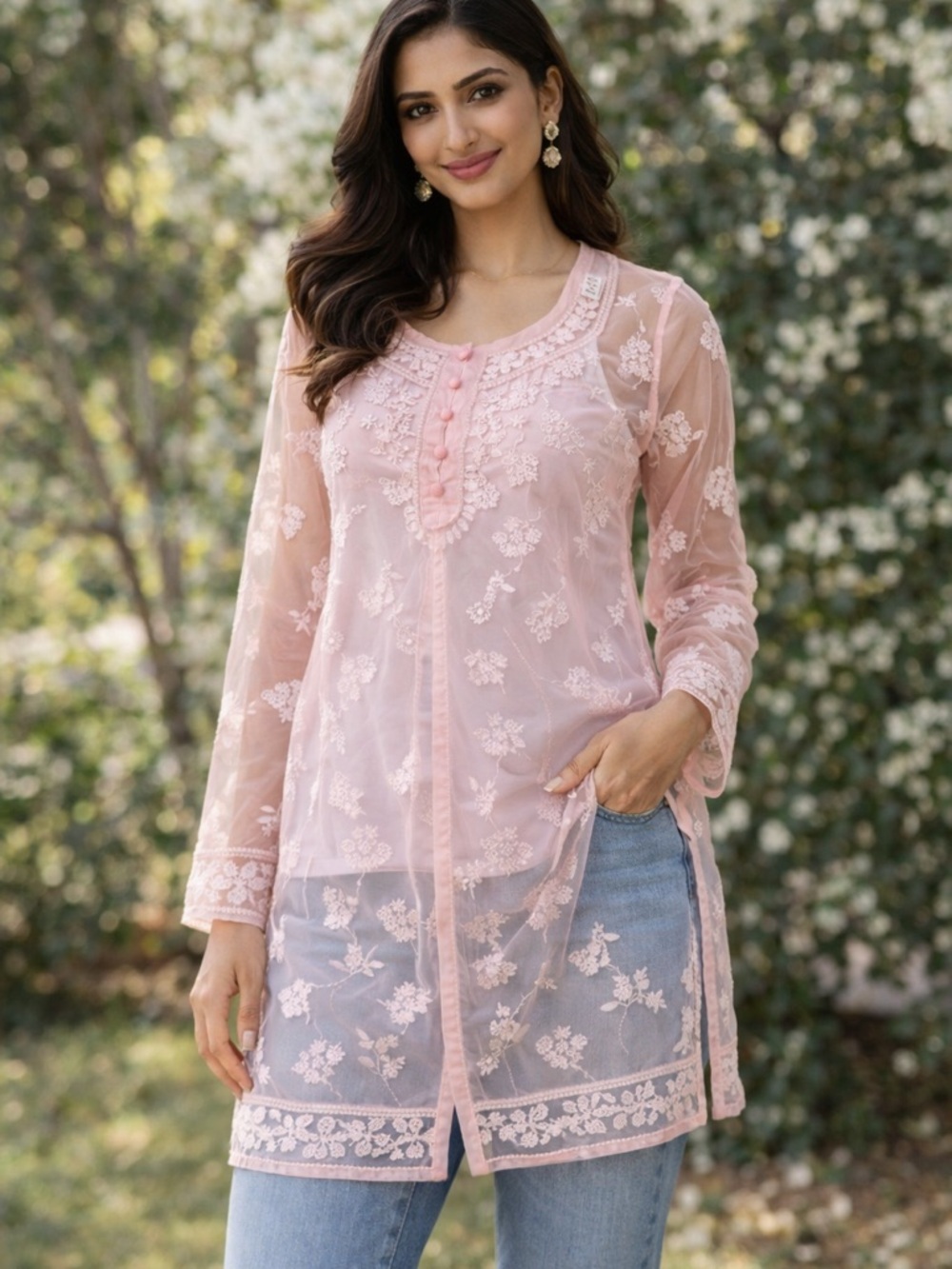 Sheer Pink Embroidered Tunic Blouse Lace Kurti Top Size 44
